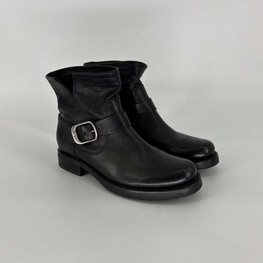 Frye Veronica Flex Ankle Bootie Black Women Size 7.5 Leather Buckle Low Heel